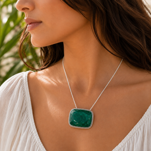 Sterling silver Green Emerald Gemstone Pendant Necklace for women- faceted cut large horizontal set rectangular statement