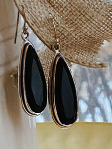 Long Black Onyx Crystal Earrings-925 Silver Set Stone Dangles Long Black Onyx Crystal Earrings-925 Silver Set Stone Dangles