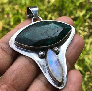 Emerald Moonstone Necklace - Two Stone Pendant Emerald Moonstone Necklace - Two Stone Pendant