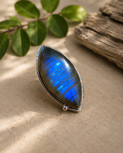 Long Blue Labradorite Ring- Sterling Silver Size 7 8  Adjustable Ring