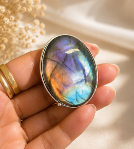 Rainbow fire labradorite ring sterling silver size 7. Extra large oval ring -adjustable ring for women.