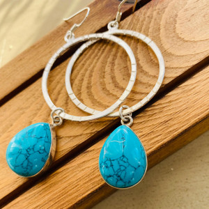 "Boho Gemstone Dangles- Turquoise Hoops Earrings - Sterling Silver Drops" "Boho Gemstone Dangles- Turquoise Hoops Earrings - Sterling Silver Drops"