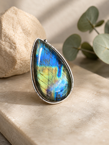 large Labradorite statement ring in Sterling Silver , large pear shape for women