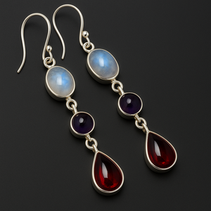 Handcrafted sterling silver cascade earrings with natural moonstone, amethyst, and garnet gemstones in a three-stone dangle design by Earth Karma Jewellery.