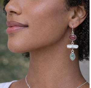 Handmade multi gemstone dangle earrings featuring rhodonite, pearl and prehenite in sterling silver