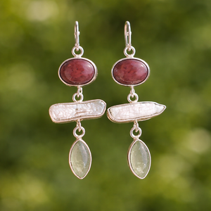 Elegant cascading gemstone earrings in sterling silver with pink rhodonite, pearl and green prehnite