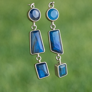 Geometric cut stones earrings bezel set in silver - cascade earrings- blue fire flashing    for timeless elegance dangle statement by earth karma