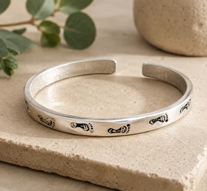 925 Sterling Silver Footprint Cuff Bracelet – Adjustable Open Bangle for Women & Men