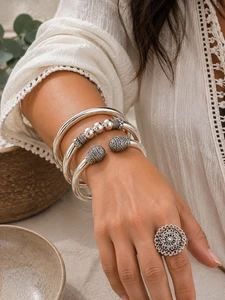 Wide solid Tribal Sterling Silver Open Cuff Bracelet – Engraved Ball End Adjustable Bangle