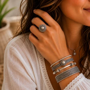 Handmade Boho Medallion Statement Ring in Solid 925 Sterling Silver with Openwork Circular Design and Adjustable Band