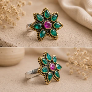 Handmade Natural Green Onyx and Ruby Flower Statement Ring in Solid 925 Sterling Silver with Gold-Plated Floral Design