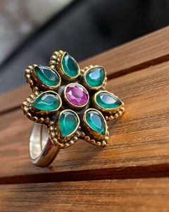 "Sterling silver and gold green onyx ring and pink ruby flower ring- Shop Now" "Sterling silver and gold green onyx ring and pink ruby flower ring- Shop Now"