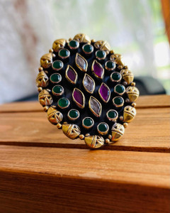 "Shop- Natural ruby, green onyx and crystal quartz silver and gold oval statement ring" "Shop- Natural ruby, green onyx and crystal quartz silver and gold oval statement ring"