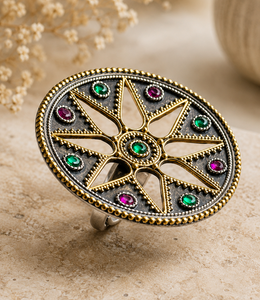 Ruby and Green onyx ring in large 50 mm round statement - sterling silver adjustable ring for women