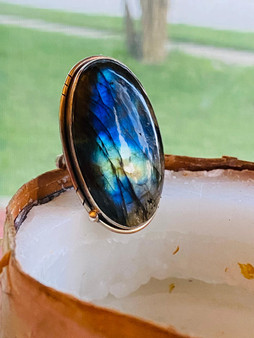 Blue flash Labradorite ring for sale, large oval adjustable sterling silver ring