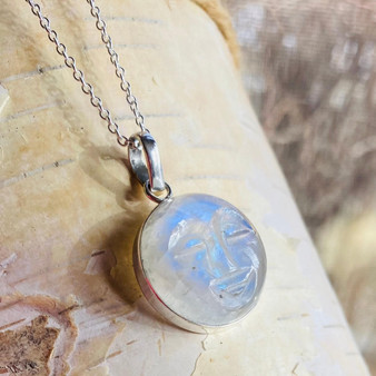 Round moonstone moon face carved pendant necklace- moon goddess