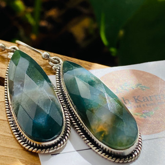 "Green Moss agate teardrops long gemstone earrings by Earthkarmajewellery"