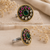 Handmade Natural Green Onyx and Ruby Statement Ring in Solid 925 Sterling Silver with Gold-Plated Halo and Adjustable Band