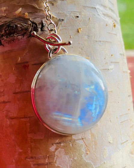 Natural blue Moonstone moon round pendant sterling necklace- Super moon