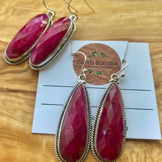 “Explore , tall pink Ruby gemstone dangly earrings by Earthkarmajewellery’