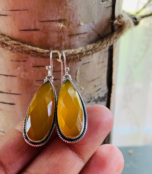 Yellow aventurine long teardrop gemstone earrings by Earthkarmajewellery