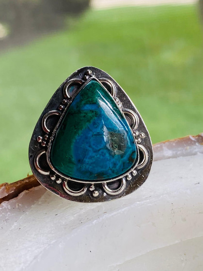 Blue Chrysocolla statement ring by earthkarmajewellery