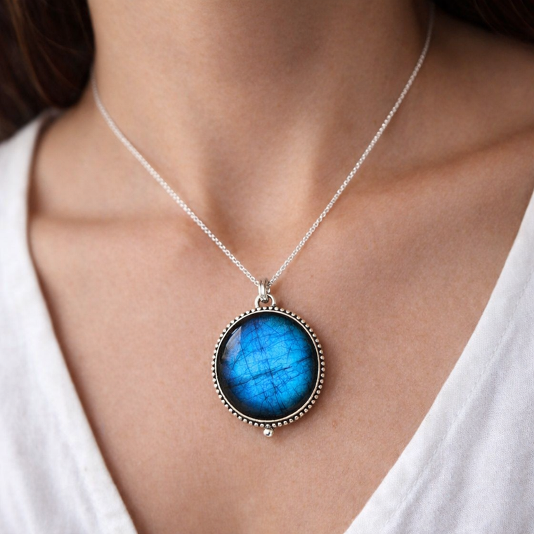 Blue Moon Labradorite galaxy pendant sterling silver set necklace or men women