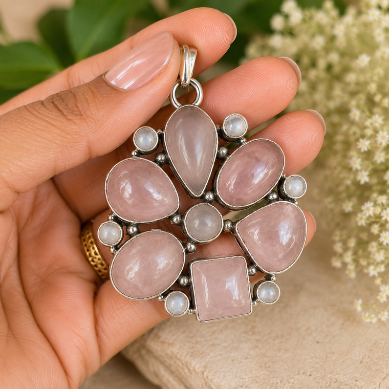 Sterling silver large  Rose Quartz Flower Cluster Pendant necklace for women