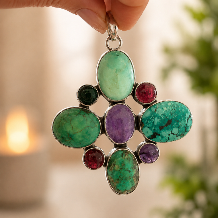 southwestern Natural Turquoise & Amethyst Cluster Pendant  with amethyst onyx and garnets