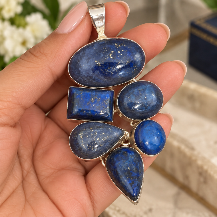 Blue Lapis Lazuli Cluster Pendant – Sterling Silver Pendant