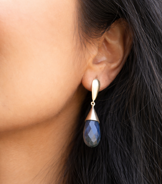 Long labradorite briolette earrings with natural blue green color play, elegant two tone gemstone drops