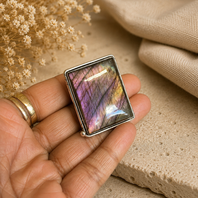 Purple labradorite rectangle ring, sterling silver statement for women