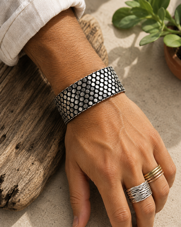 Unisex heavy 925 silver chain bangle with unique flexible interwoven design for men and women