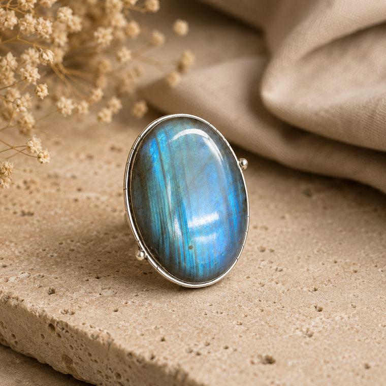 Oval Labradorite ring - large adjustable statement Ring for women size 9 adjustable
