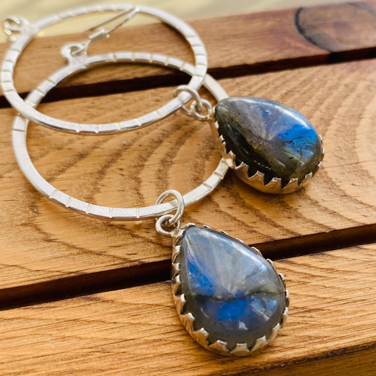 "Antique Elegance: Sterling Silver Labradorite Dangly Circle Drop Earrings By Earth Karma"