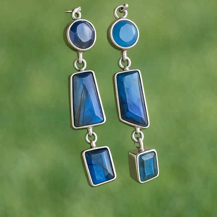 Geometric cut stones earrings bezel set in silver - cascade earrings- blue fire flashing    for timeless elegance dangle statement by earth karma