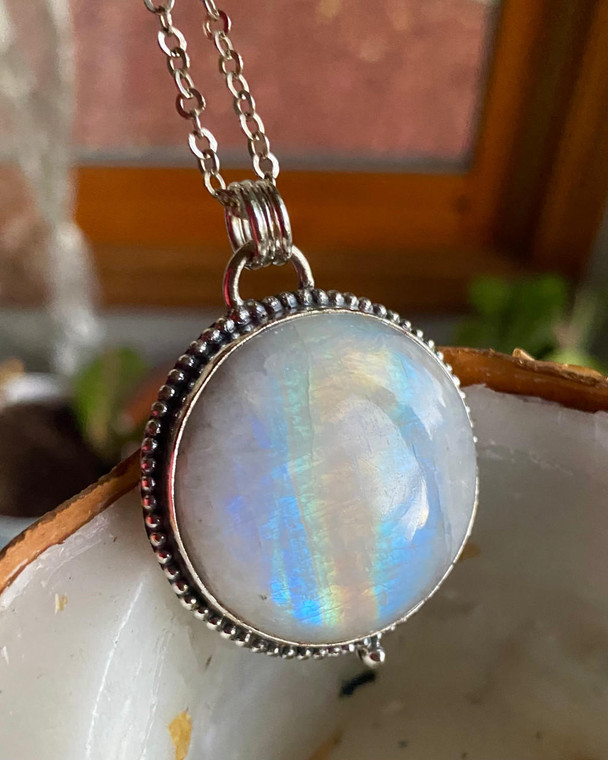 "Rainbow moonstone Pendant Necklace chain, Round Silver Pendant Large"