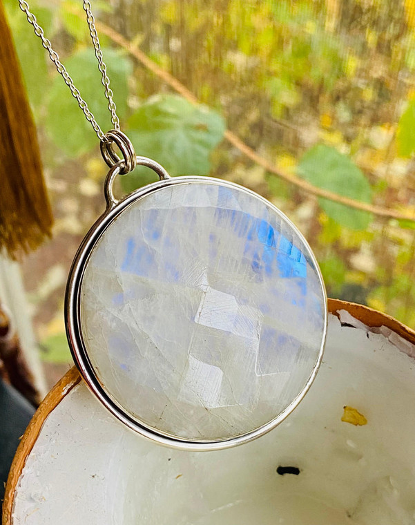 "Shop- Round Moonstone pendant necklace sterling silver extra large  cabochon pendant by earth karma"