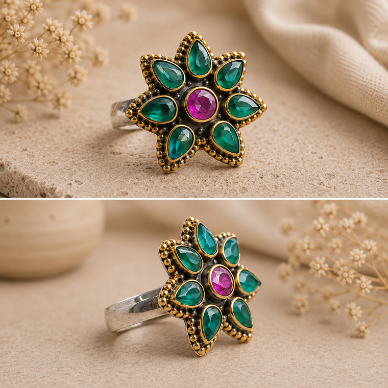 Handmade Natural Green Onyx and Ruby Flower Statement Ring in Solid 925 Sterling Silver with Gold-Plated Floral Design