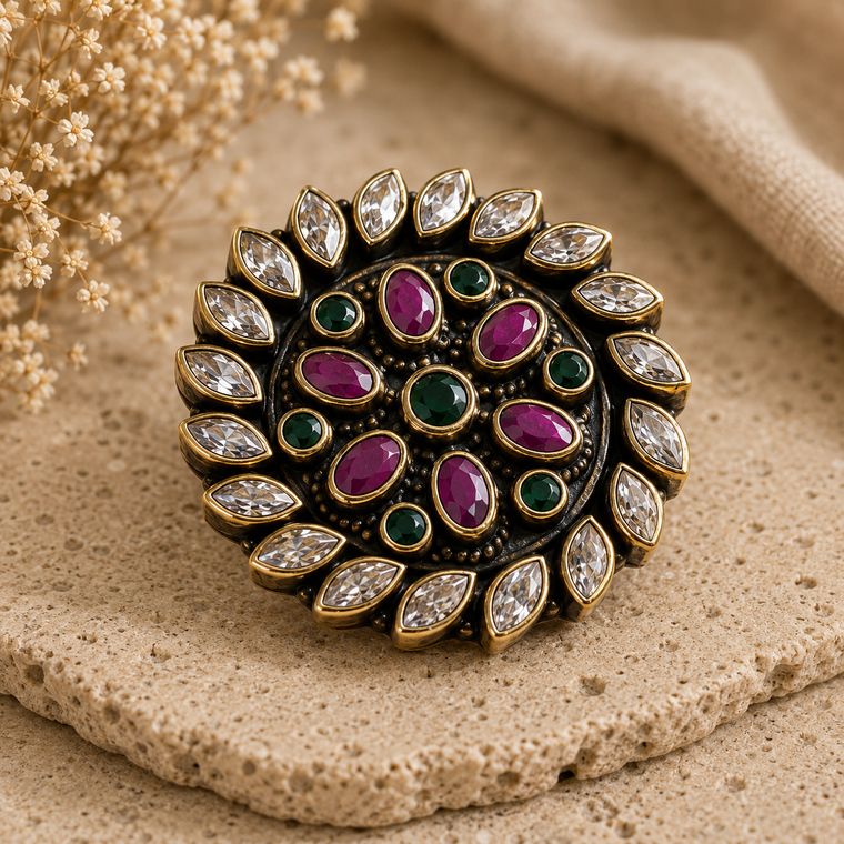 Handmade 925 Sterling Silver Statement Ring with 1 Micron Gold Filled Finish featuring Natural Green Onyx, Natural Ruby, and Natural Crystal Quartz