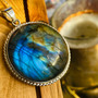 Earth Karma- Natural Labradorite Crystal Necklace Pendant - White Gold Extra large Round Blue Galaxy Unisex Pendant