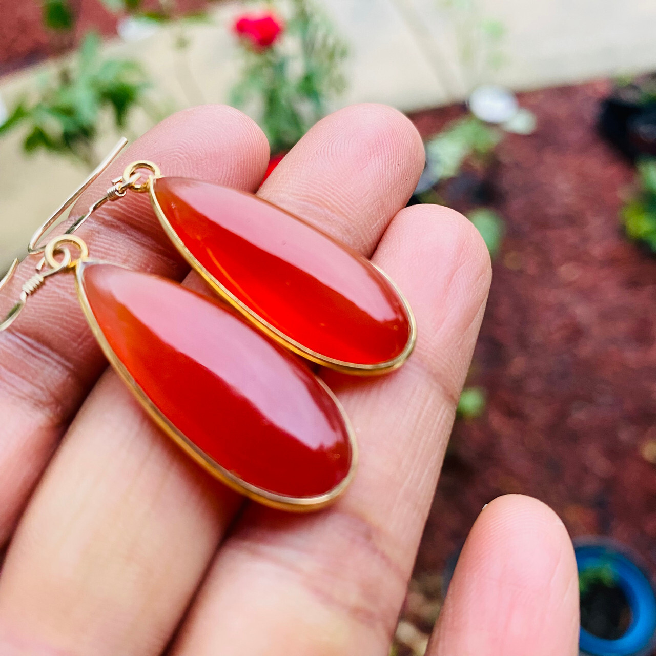 Orange Teardrop gemstone Earrings in silver gold Setting