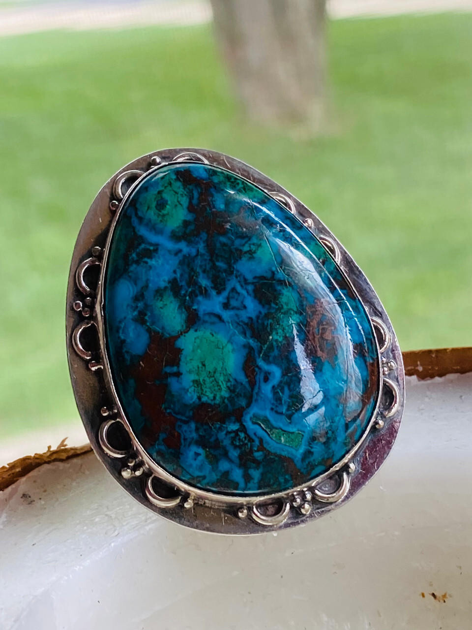 Large Blue Gemstone Statement Ring - chrysocolla 