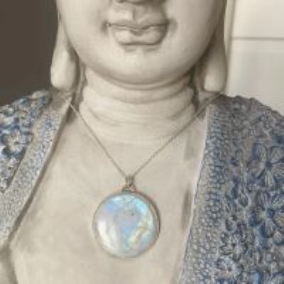 Oversized 55mm round rainbow moonstone pendant necklace in sterling silver by Earth Karma
