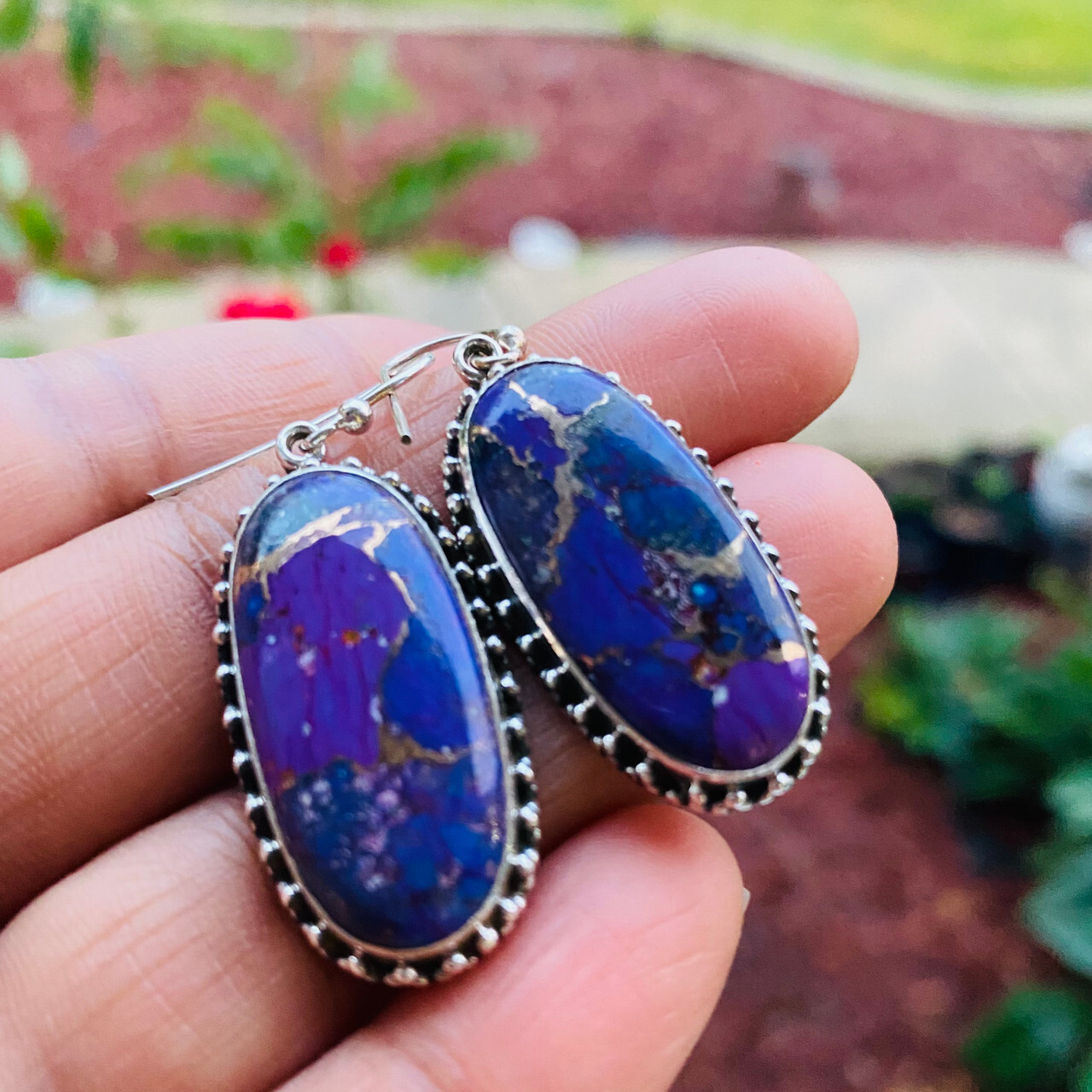 Copper Turquoise Mojave Earrings- Large Purple Silver Statements