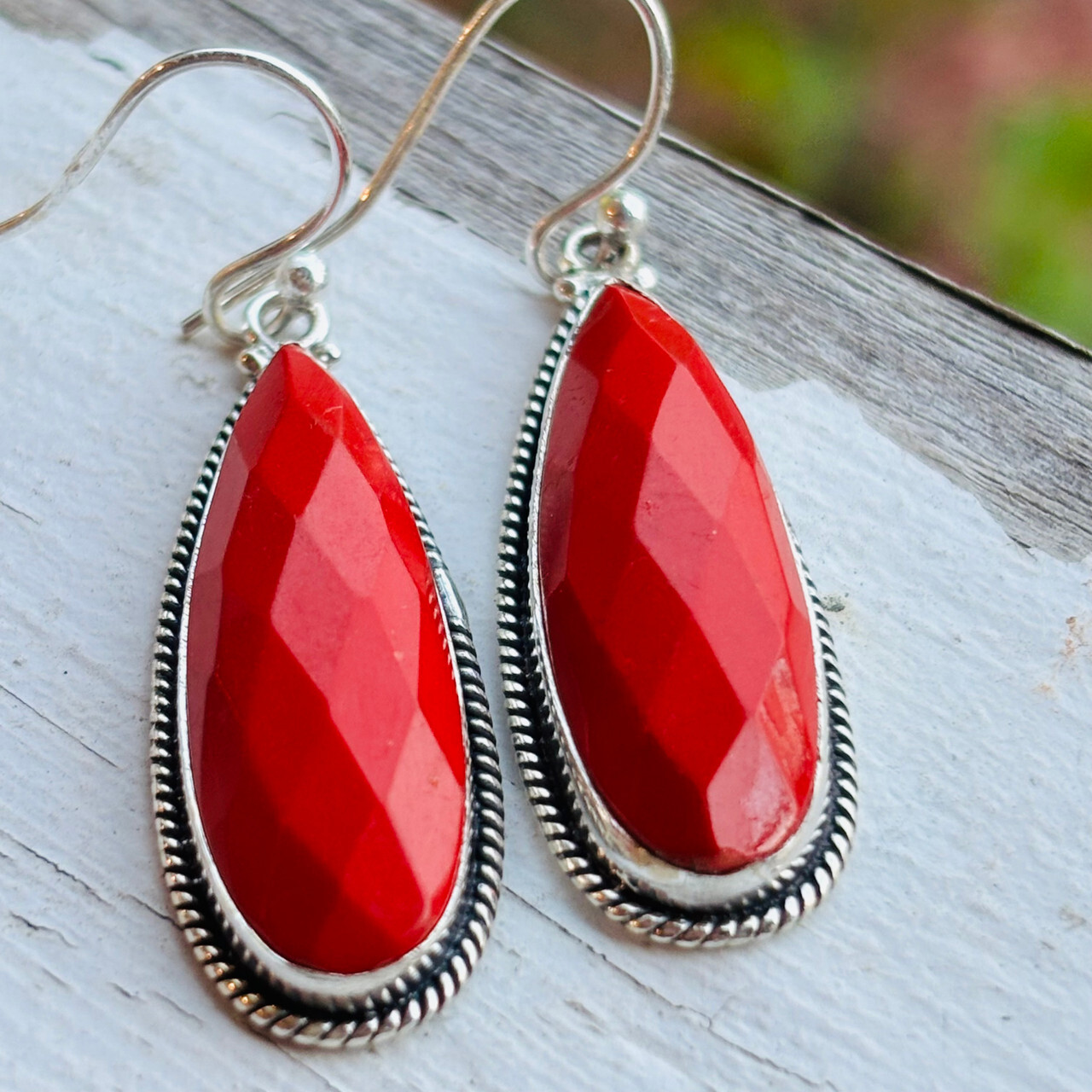 Long Red Teardrop Earrings- Silver Gemstone Statements by Earth Karma