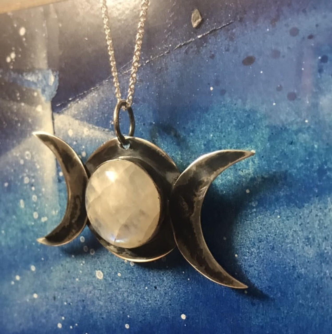 Triple Moon Goddess Necklace with Rainbow Moonstone