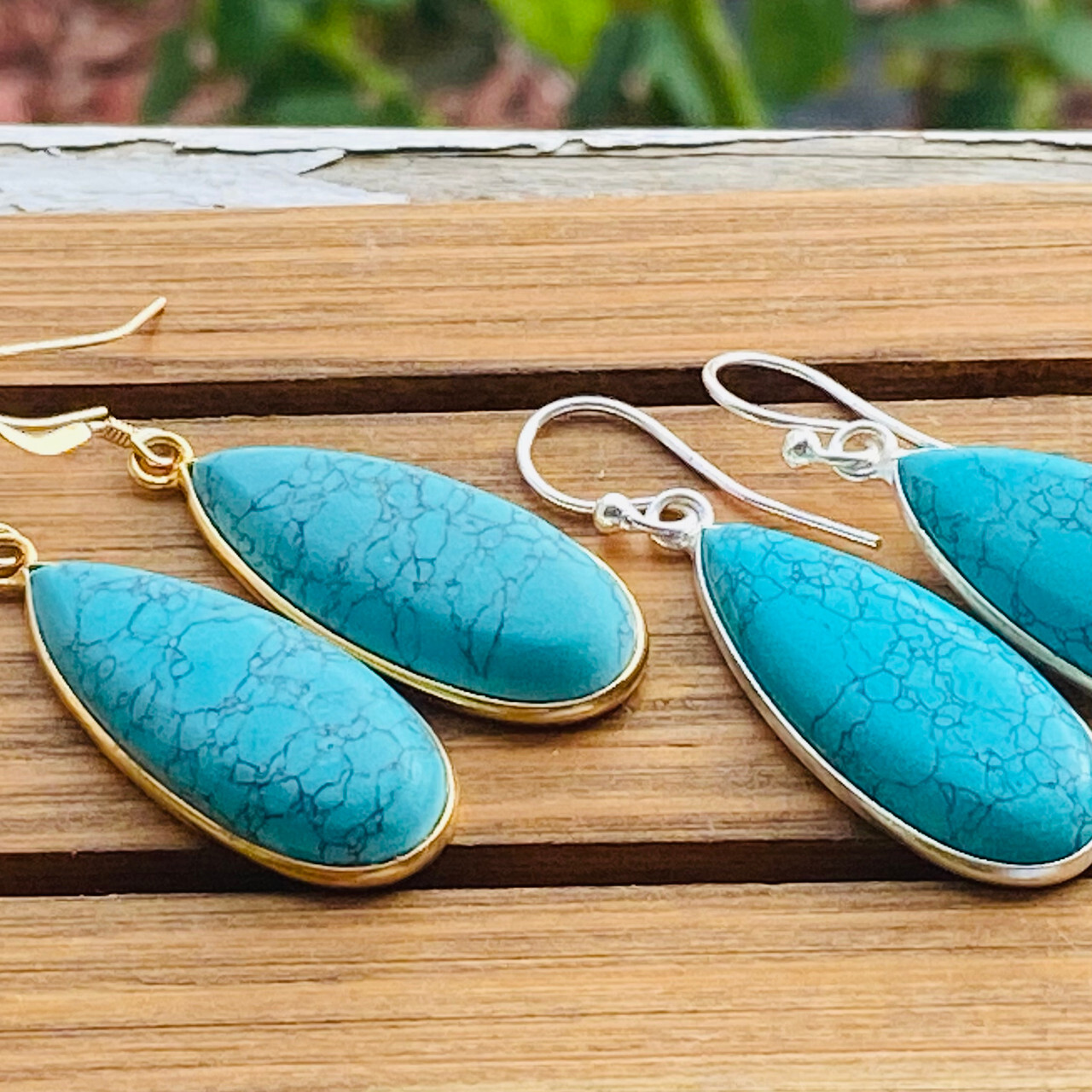 Long Turquoise Teardrops Dangle Silver Gold Earrings by Earth Karma