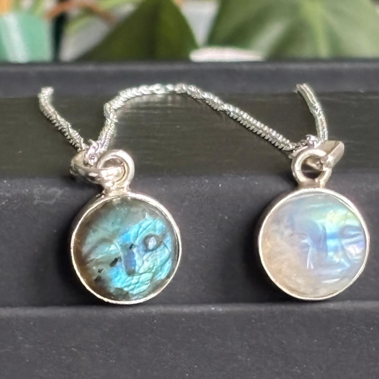 Moon Face Necklace- Labradorite Moonstone Carved Pendant!