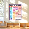 Books of the Bible wall decal displayed above a classroom table and colorful chairs in a children's learning space.